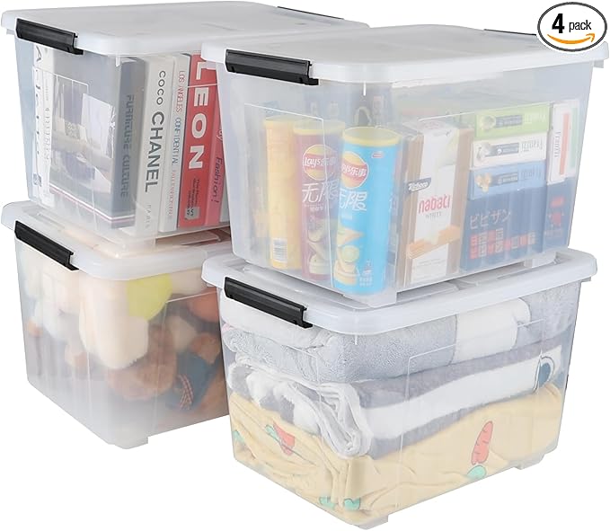 Wekioger 50 Quart Clear Latching Box with Wheels 4 Packs Plastic Lidded Storage Bin