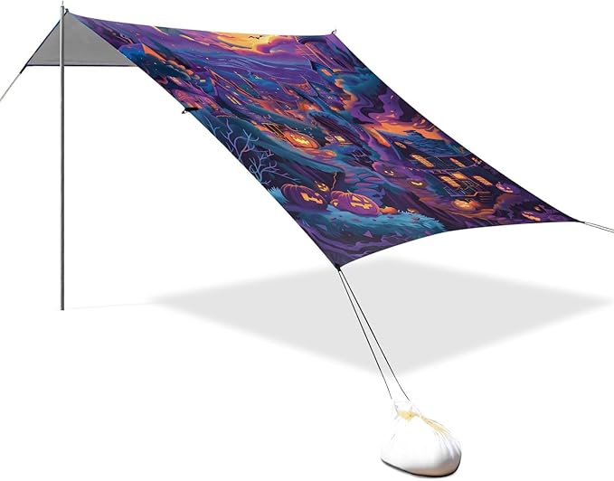 ALAZA Halloween Town Ghost Beach Tent Sun Shelter UPF50+ Protection Beach Shade Canopy w/ 4 Sandbags for Outdoor Camping Fishing Backyard Fun Picnic 10x9 ft