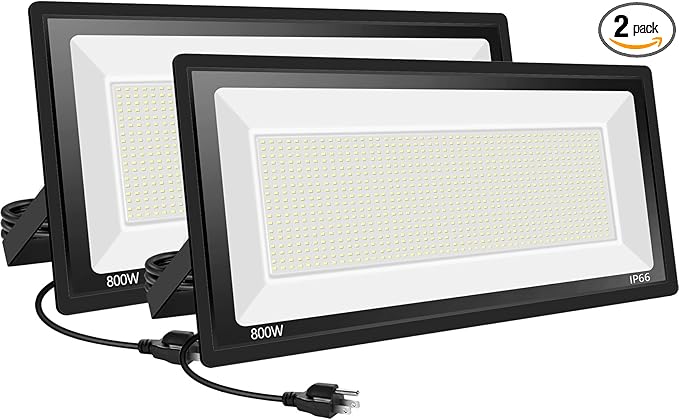 2 Pack 800W LED Flood Light OutdoorSuper Bright FloodLight with Plug80000LM 5000K Daylight White IP66 Waterproof Commercial Lighting for Sports FieldsCountsArenaStadium