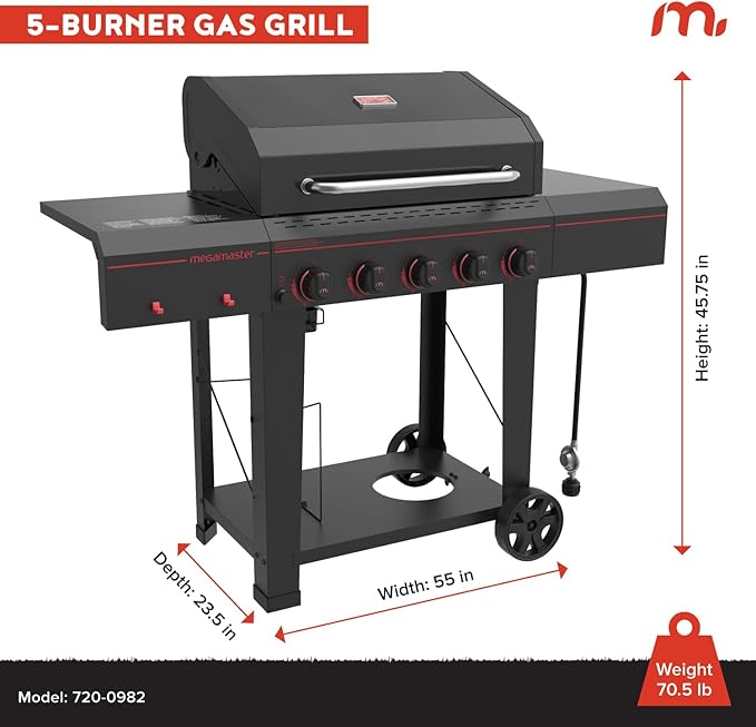 Megamaster 5-Burner Propane Gas Grill with Side Tables Accessory Hooks 50000 BTUs 656 SQ. In. Cooking Space 2 Wheel Transport Outdoor Kitchen Grill for BBQs Backyards and More - 720-0982