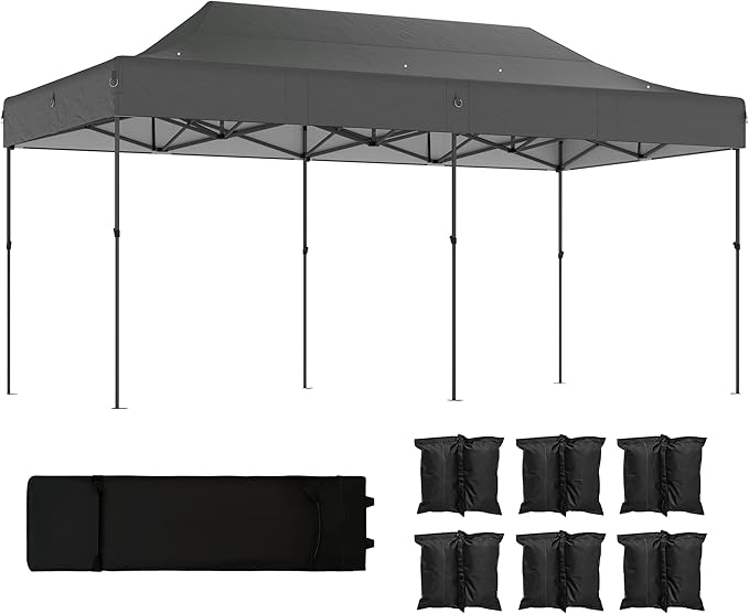 Outsunny 10 x 20 ft Pop Up Canopy Tent Heavy Duty UPF50+ Outdoor Portable Instant Canopy Shelter with Wheeled Carry Bag Sandbags Adjustable Height for Parties Events Camping Dark Gray