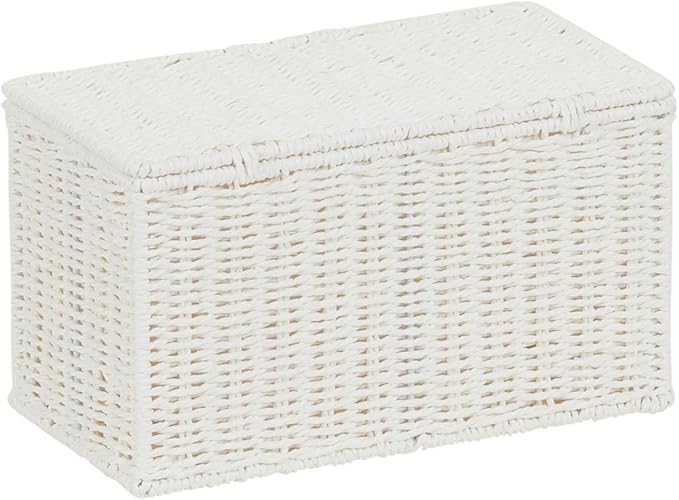 Household Essentials Small Wicker Basket with Lid Multipurpose Storage Basket for Bathrooms Shelves Desks Vanities Closets and More White