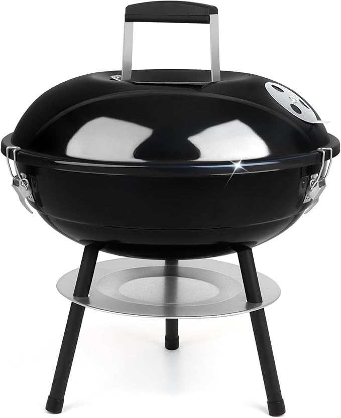 14 inch Charcoal Grill Joyfair Small Portable BBQ Grill with Locking Lid for Outdoor Camping/Patio/Backyard Barbecue/Tabletop Cooking Enamel Coated &amp Dual Vent System (Black)