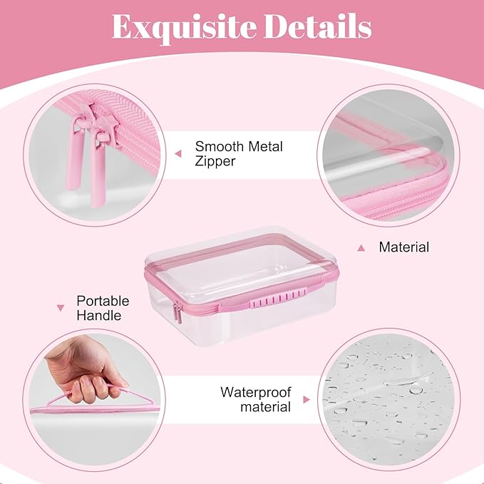 Bottom-Deepened-3 Pack Clear Hard Shell Zipper Case L+M+SPortable Zipper Bags Waterproof Cosmetics BagsOrganizer Pouch For SnacksToyDiapersTravelPink