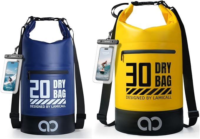 Lamicall 30L &amp 20L Dry Bag Waterproof Backpack - [Zippered Pocket] Roll Top Waterproof Bag Navy Blue &amp Lemon Yellow