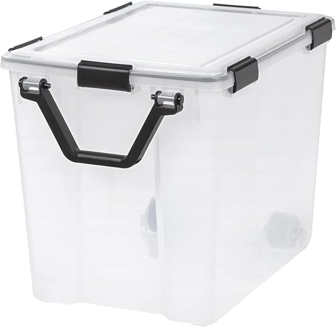 IRIS USA WeatherPro 103 Qt Storage Bins with Lids 4 Pack BPA-Free Plastic Gasket Box with Tight Latch and Seal Stackable Nestable Tote Tub - Clear/Black