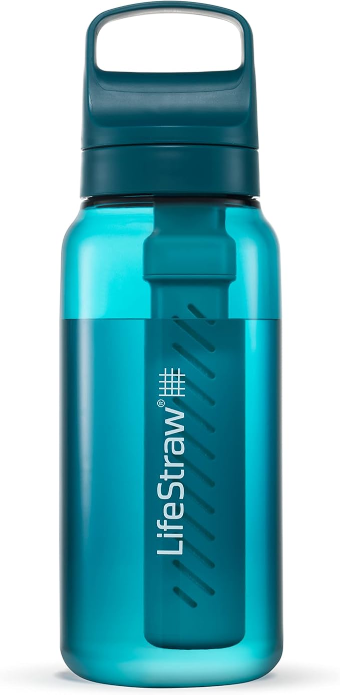 LifeStraw Go Series – BPA-Free Water Filter Bottle for Travel and Everyday use removes Bacteria parasites and microplastics Improves Taste 1L Laguna Teal