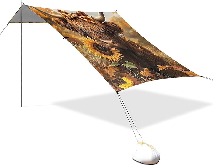 ALAZA Autumn Theme Highland Cow Beach Tent Sun Shelter Portable Canopy Sunshade for Outdoor Camping Picnics Backyard Fun 10x9 ft
