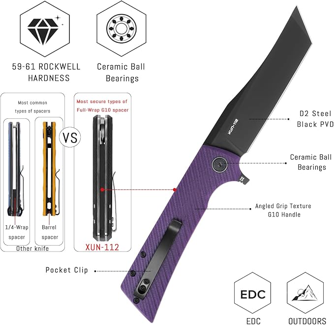 XUN112-PGB Pocketknife with Clip3.55 D2 Steel PVD Tanto Blade EDC Foldingknife For Men/WomenG10 with Flipper Open to Everyday Carry Outdoor Camping Hiking Daily Work