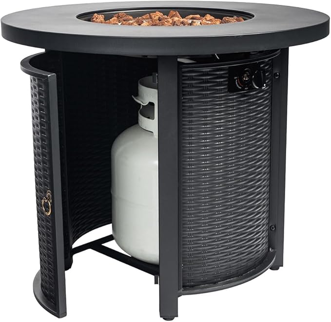 30'' Round Propane Fire Pit Table 50000 BTU Steel Gas FirePit for Outdoor Fire Table with Lid Add Warmth &amp Ambience to Gatherings and Parties On Patio Deck Garden Backyard Black.