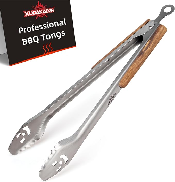 XUDAKAIXIN 18-Inch Long Stainless Steel BBQ Tongs with Extended Luxurious Acacia Handle – Durable and Easy-to-Clean Grilling Tool for Cooking Kitchen Use and Outdoor Barbecues