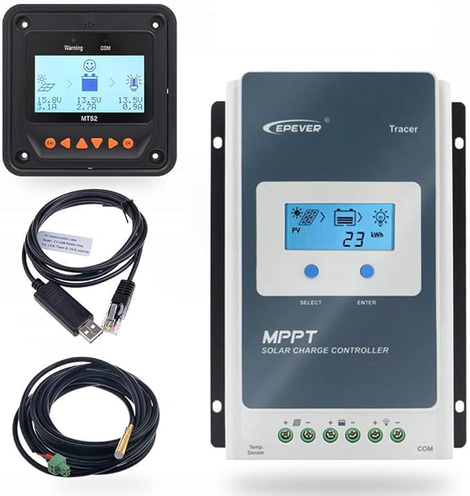 EPEVER 10A MPPT Solar Charge Controller 12/24V DC Tracer-an Series Charge Controller with MT52 Remote Meter &ampTemperature Sensor &ampRS485 fit for Lithium Sealed AGM Battery Charging Negative Gr