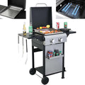2-Burner Propane Gas BBQ Grill with Wire Enamel Cooking Grids &amp SS Plancha 24600 BTU Output Stainless Steel Grill with Foldable Side Table and Hanging Basket for Outdoor Backyard Barbecue