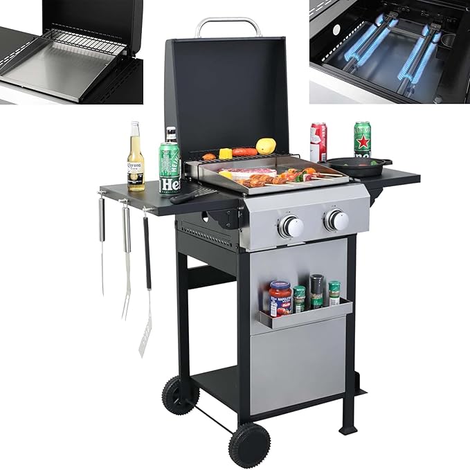 2-Burner Propane Gas BBQ Grill with Wire Enamel Cooking Grids &amp SS Plancha 24600 BTU Output Stainless Steel Grill with Foldable Side Table and Hanging Basket for Outdoor Backyard Barbecue