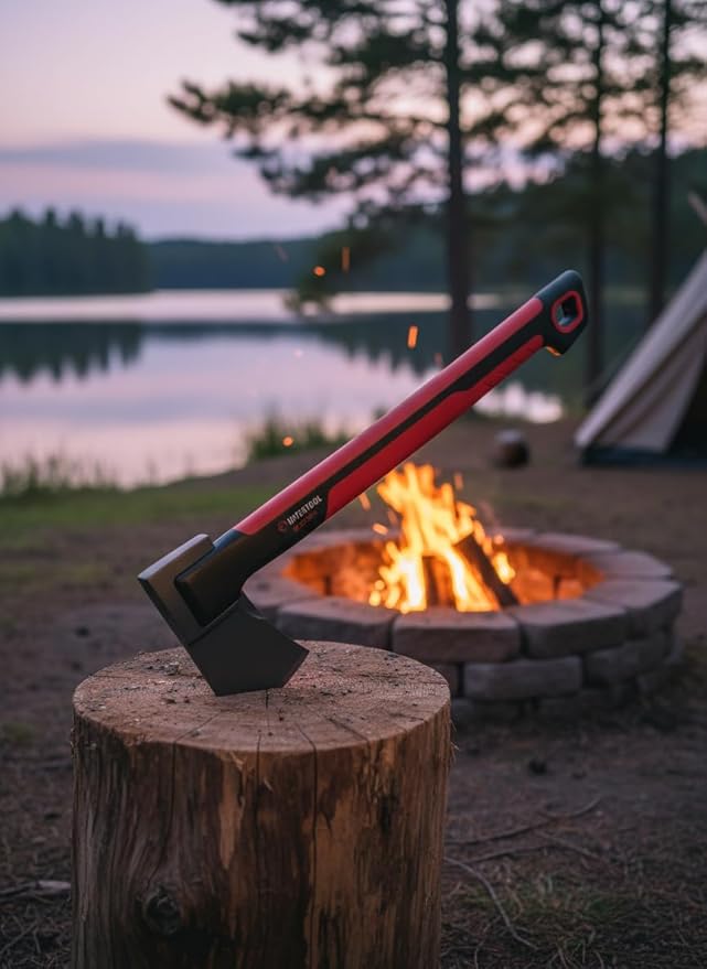 INTERTOOL Long Hatchet Camping Axe for Wood Chopping and Kindling - 18 Ax Tool for Splitting Firewood &amp Outdoor Survival Gardening Hiking with Shock Absorbing Anti-Slip Handle &amp Sheath - HT