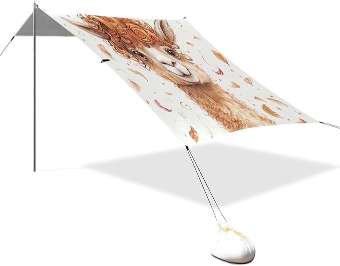 ALAZA Cute Llama with Curly Fur Beach Tent Sun Shelter UPF50+ Protection Beach Shade Canopy w/ 4 Sandbags for Outdoor Camping Fishing Backyard Fun Picnic 10x9 ft