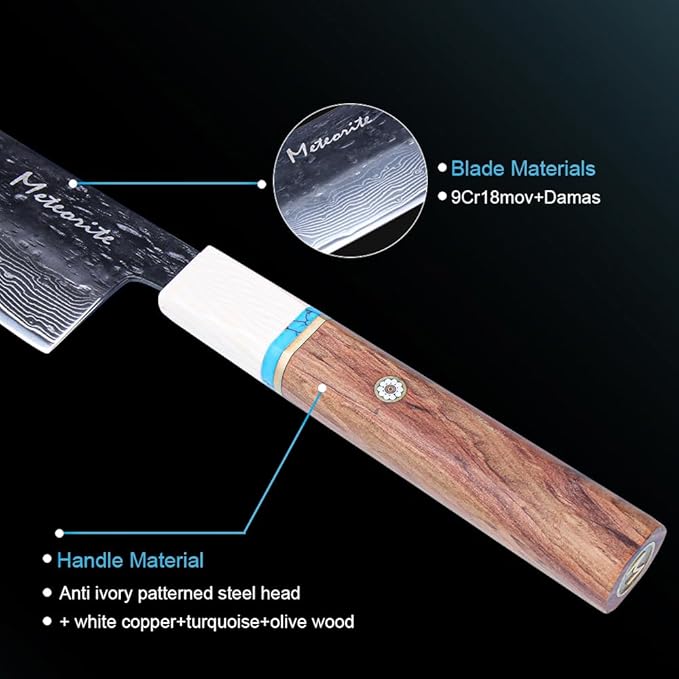 Meteorite Kiritsuke Japanese Multi-Task Knife For Slicing &amp Dicing Prep Hand-Hammered Midnight Damascus Convex Grind Edge Olive Wood Handle – Pro Gift IceRaven 8 Inch