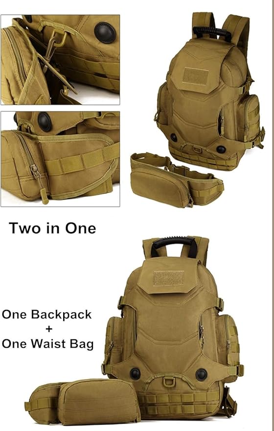 40L Tactical Military MOLLE Assault Backpack Pack 3 Way Modular Attachments Waterproof Large Bag Rucksack Sport(Khaki)