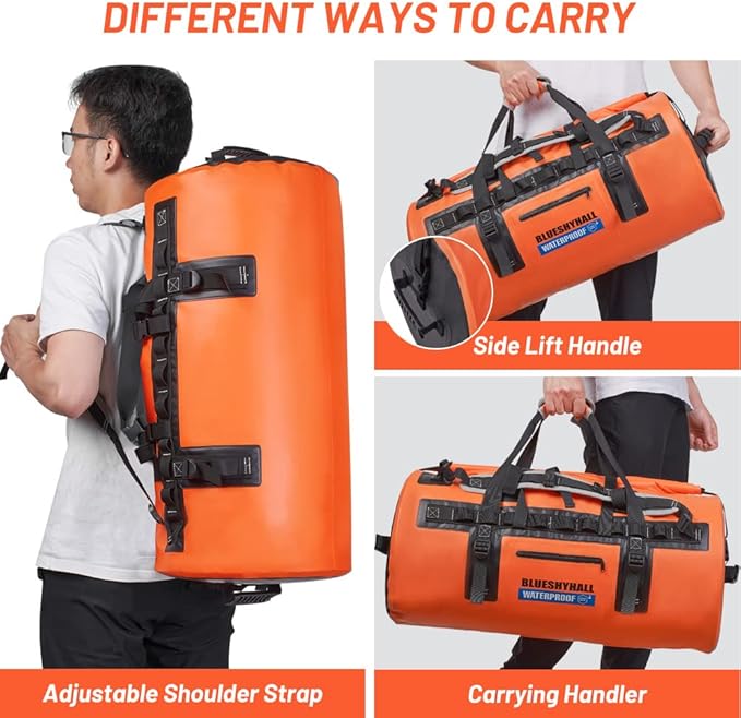Blueshyhall 60L Waterproof Duffle Bag with Durable Handles Straps Water Repellent Dry Sack for Motorcycle Paddleboarding Kayaking Canoeing Camping Rafting Boating (Grey)