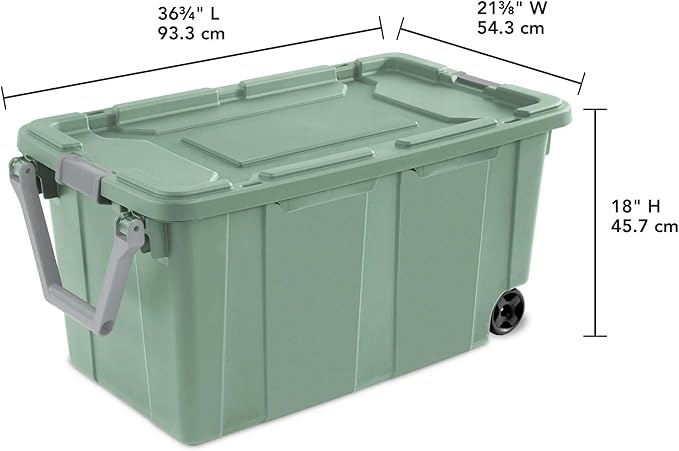 40 Gallon Wheeled Industrial Tote Rugged Plastic Storage Bin Latch Lid Light Green 2 Count