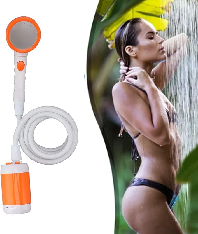 Gavigain Portable Outdoor Shower Electric Shower Outdoor Shower Pump Stainless Steel PVC 3 Gear Electric Camping Shower Pump for Hiking Backpacking Camping Travel Beach Pet (Orange White)