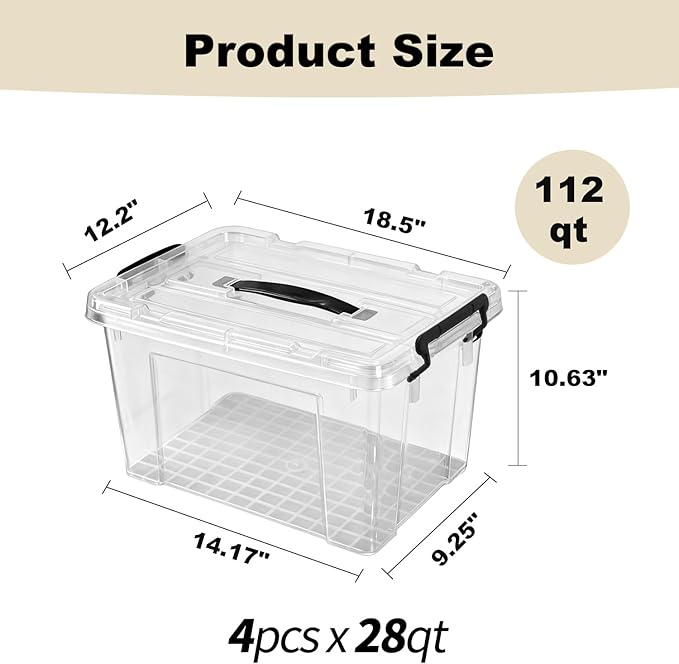 112 QT Clear Storage Bins with Lids 4 Pack 28 QT-Stackable Plastic Organizer for Home Office Garage BPA-Free Heavy-Duty See-Through Containers with Secure Latches &amp Handles