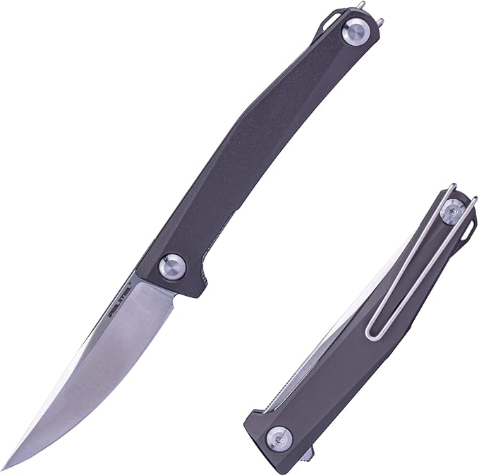 Real Steel Teres lightweight EDC Flipper Knife 3.11'' Nitro-V ‎Satin Hollow-Ground BladeAluminum HandleLiner Lock Knife Gentleman's Knife with Pocket ClipHunting Camping Hiking Fishing Knife Gift