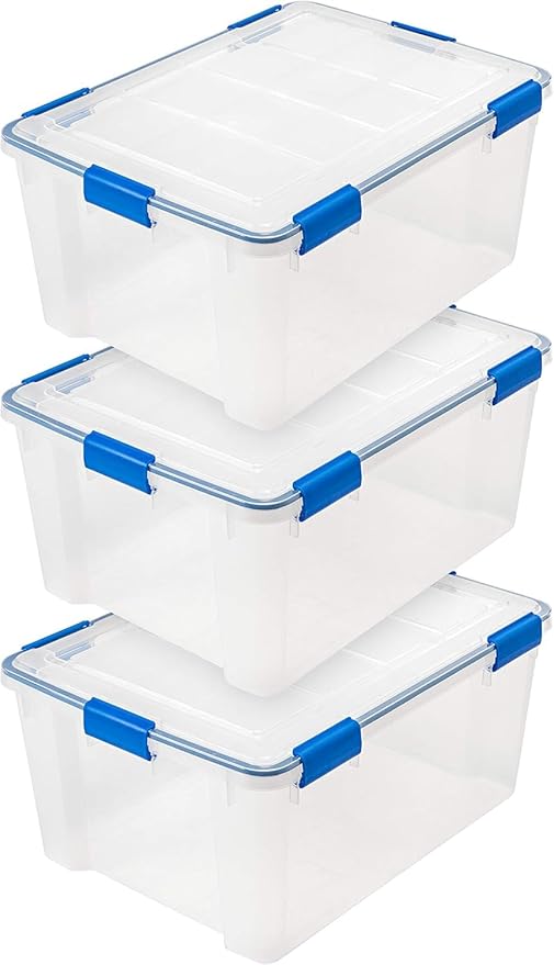 IRIS USA WeatherPro 60 Qt Storage Bins with Lids 3 Pack BPA-Free Plastic Gasket Box with Tight Latch and Seal Stackable Nestable Tote Tub - Clear/Blue