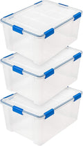 IRIS USA WeatherPro 60 Qt Storage Bins with Lids 3 Pack BPA-Free Plastic Gasket Box with Tight Latch and Seal Stackable Nestable Tote Tub - Clear/Blue