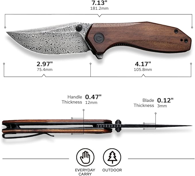 CIVIVI ODD 22 Pocket Knife for EDC Tuffknives 2.97 Damascus Blade Cuibourtia Wood Handle with Thumb Stud &amp Reversible Clip Folding Knife for Utility Hiking Camping Fishing Outdoor C21032-DS1