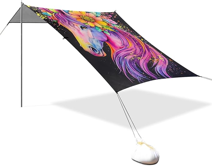 ALAZA Unicorn Rainbow Beach Tent Sun Shelter UPF50+ Protection Beach Shade Canopy w/ 4 Sandbags for Outdoor Camping Fishing Backyard Fun Picnic 10x9 ft