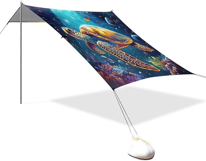 ALAZA Colorful Sea Turtle Moon Beach Tent Sun Shelter Portable Canopy Sunshade for Outdoor Camping Picnics Backyard Fun 10x9 ft