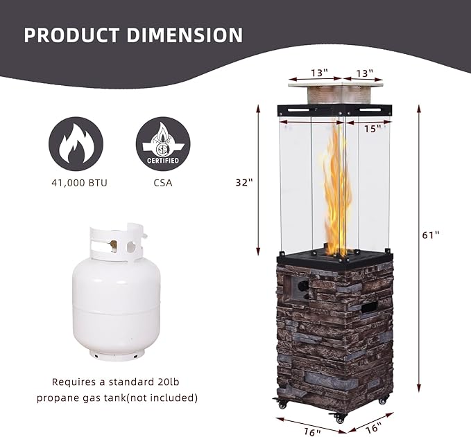Outdoor Patio Propane Fire Heater with Weather Cover Glass 41000 BTU Fireplace Patented &amp CSA Certificated Stackstone Brown