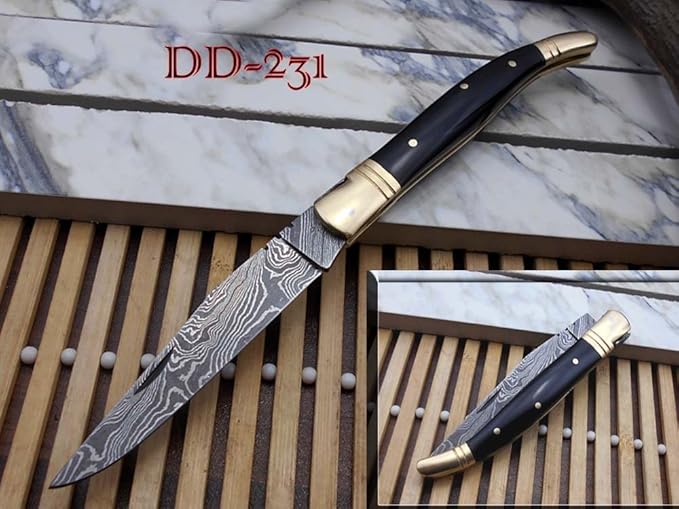 Laguiole Folding Damascus steel knife 8.6 Long with 4.1 hand forged custom twist patren Blade. Wine 2 Tone Dollar wood &amp brass bolster scale. Cow hide leather sheath included (Bull Horn)