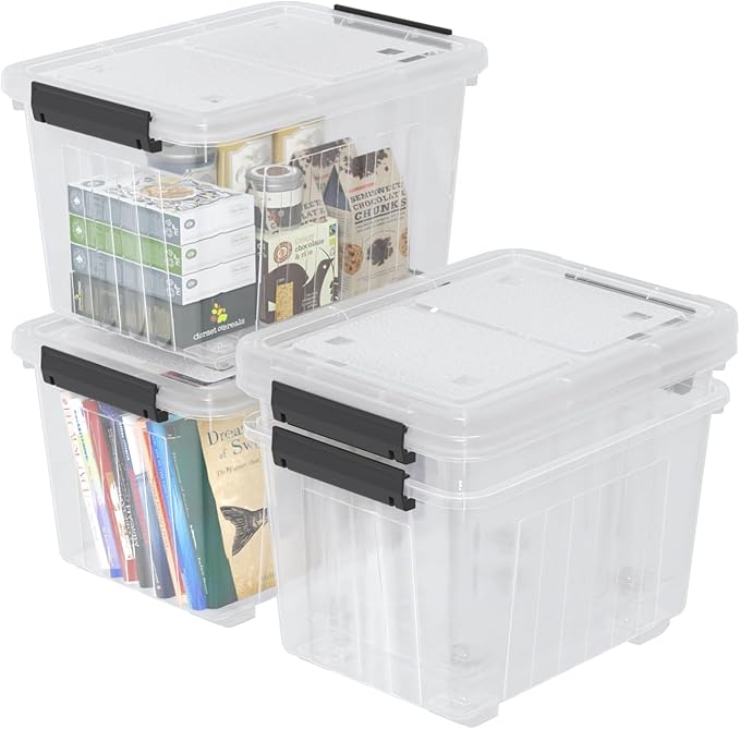 30 Quart Clear Storage Bins with Wheels and Latching Lid Stackable Plastic Totes with Snap Latches Nesting Containers 4 Packs