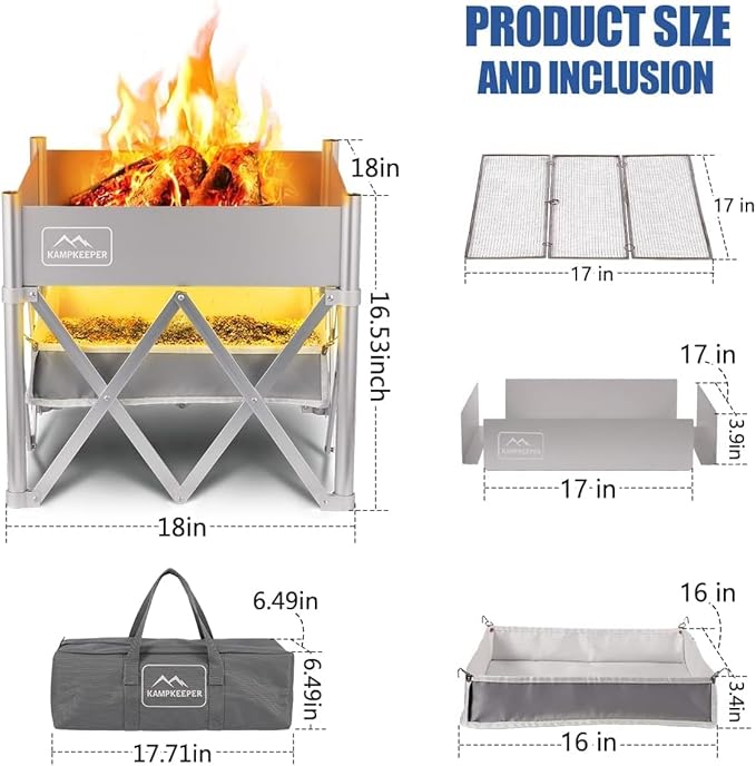 KAMPKEEPER Portable Fire Pit Outdoor Tabletop Firepit 18 Inch 304 Stainless Steel Wood Burning Fireplaces Collapsible Pop Up Fire Pit for Outside Included Heat Shield for Leave No Trace Fires