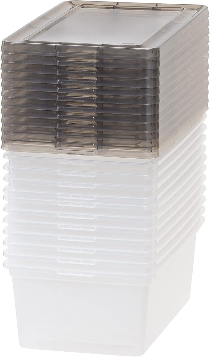 IRIS USA 12-Pack Storage Bins with Lids 7 Quart Shoe Boxes Stackable Containers Organize Shoes Closet Shelves Classroom Organization Teacher Tools Game Storage - Clear/Smoke - BPA-Free Plastic