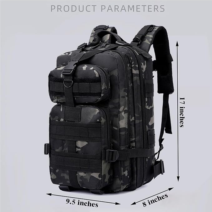 30L Comfortable Durable Military Tactical Backpack w/USA Flag Patch MOLLE Hiking Camping Travel Bag（black camouflage）