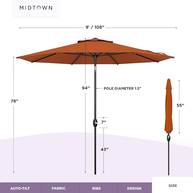 Midtown Umbrellas - 10-Year-No-Fade 9 Ft Patio Umbrella with Terylast Fabric Auto-Tilt Aluminum Frame and 8 Reinforced Ribs for Deck Pool Garden &amp Beach - Dark Orange Canopy Black Pole