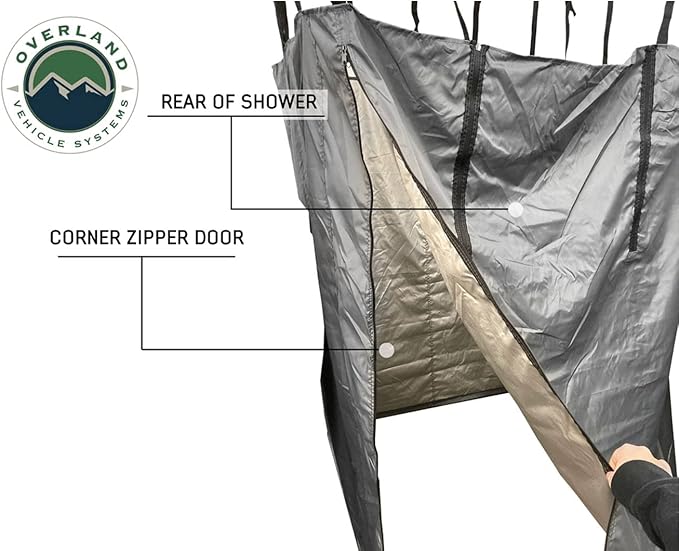 Overland Vehicle Systems HD Nomadic Car Side Shower Room with Black 1000G PVC Travel Cover Universal L - Brackets Dark Grey Body with Silver Inner Lining