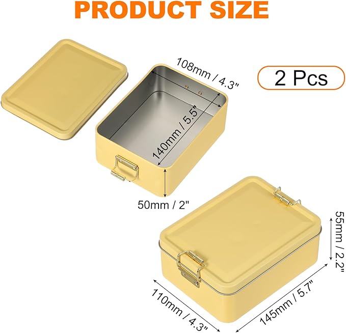 uxcell 2Pcs Metal Tinplate Box with Lids 5.7x4.3x2.2 Empty Rectangular Tin Box Container with Clasp for Home Office Travel Organizer Gifts Cookies Pencil Case Craft Storage Yellow