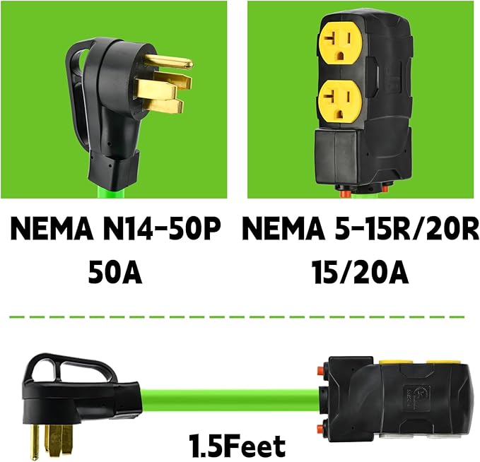 50 Amp to 20 Amp 110V Generator RV Distribution Adapter 14-50P to 4 X 5-20R/15R RV 4-Prong to Mutiple Household Outlet w/ 20amp Circuit Breaker 1.5FT