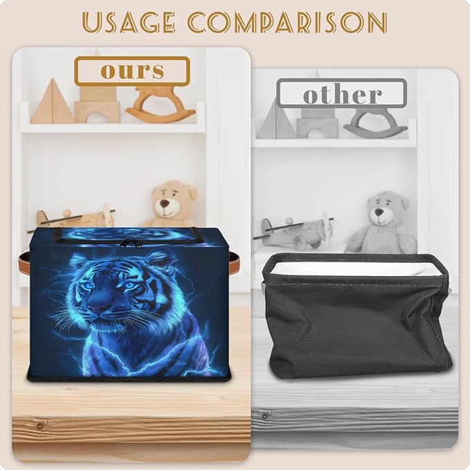 Blue Tiger Storage Box with Lid Cool Powerful Animals Collapsible Storage Bins Baskets Cubes Closet Shelf Clothes Organizer Containers with PU Leather Handles