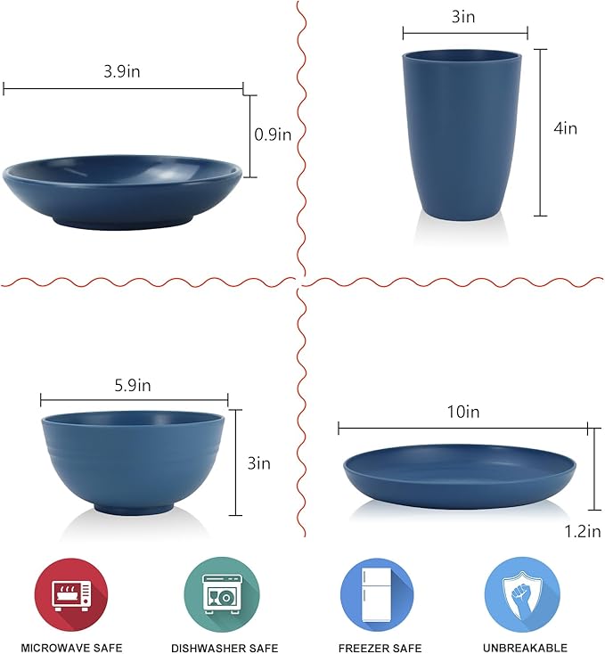 Wrova Wheat straw plates and bowls sets with cutlery - Unbreakable wheat straw dinnerware sets - Dishwasher safe platesbowlscups for apartment.Blue