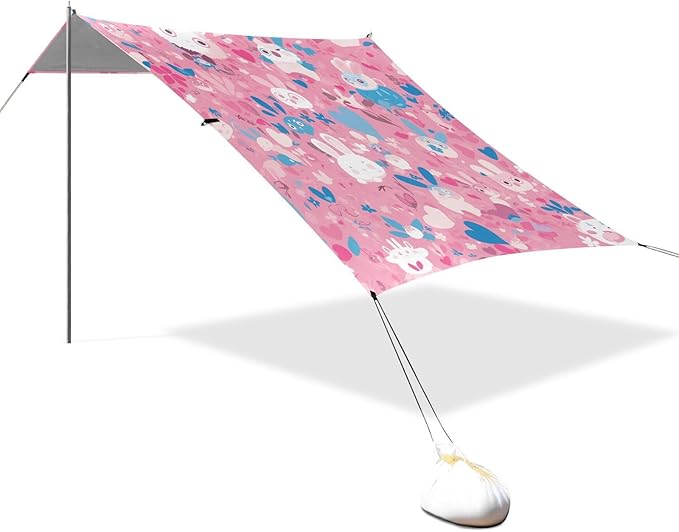 Pink Glittering Beach Tent UPF50+ Protection Waterproof Sun Shelter with Sand Shovel Sandbags for Camping Picnics Backyard &amp Fishing