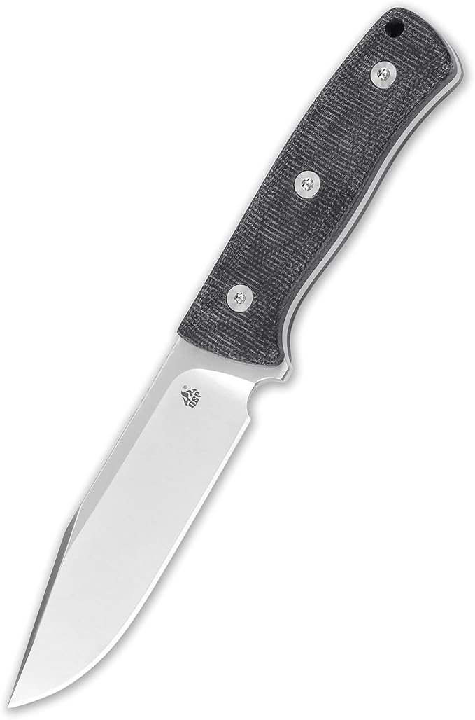 QSP Bison Fixed Blade Knife 4.5'' D2 Satin Blade Camping Knives with Kydex Sheath Black Micarta Handle EDC Knife for Outdoor Hiking Survival Hunting