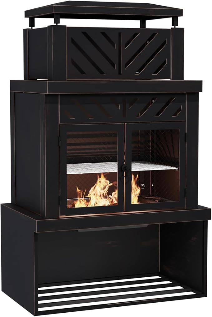 31.5 Outdoor Wood Fireplace with Chimney and Wood Storage Fireplace with Fire Pocker BBQ Grill &amp Gloves Outside Removable Fire Pit for Patio Garden and Deck Black