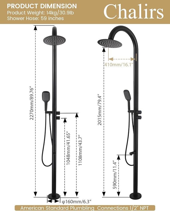 316 Marine Grade Stainless Steel Free Standing Outdoor Shower with Foot Wash 3-Function Matte Black Shower Kit with 10''Rain Shower HeadOutdoor Shower Fixture for Yard Beach Poolside Garden