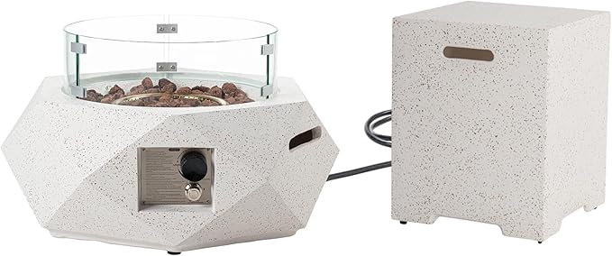 HOMPUS Hexagon Fire Pit Table Outdoor Propane Fire Pit Table w Free Lava Rocks &amp Rain Cover Terrazzo Colorful Fire Pit w Tank Cover Table &amp Wind Guard for Patio Outside