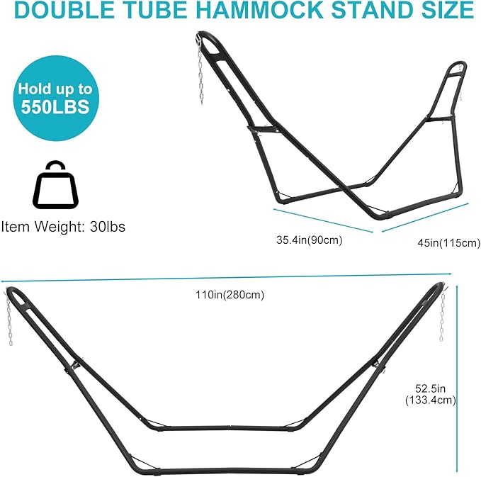 Hammock Stand Steel Hammock Frame Heavy Duty 550 LBS Capacity 2Person Fits Hammocks 9 to 14 Ft Portable Hammock Rack Adjustable Universal for Indoor Outdoor Backyard Camping Use